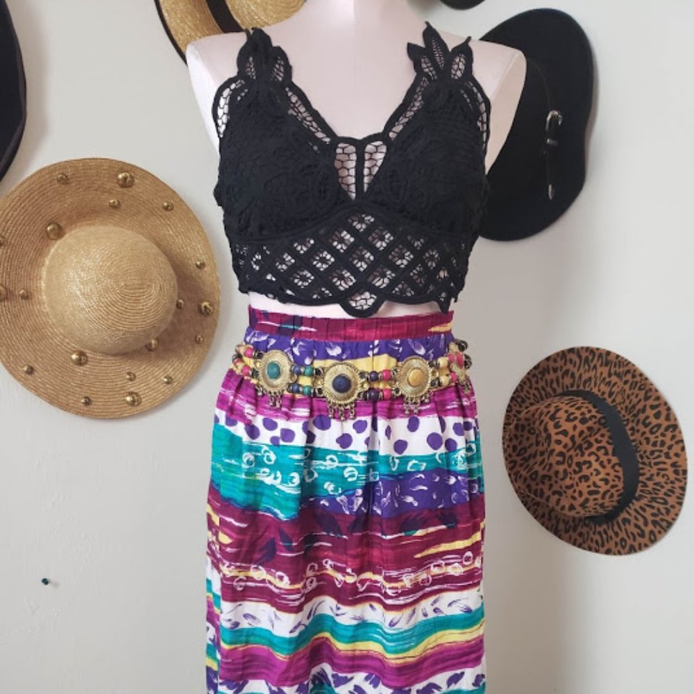 Colorful Vintage Stretch Waist  Maxi Skirt Size 1X